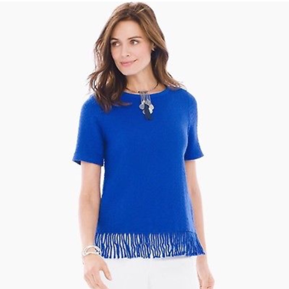 Chico’s blue short sleeve sweater with fringe- 2